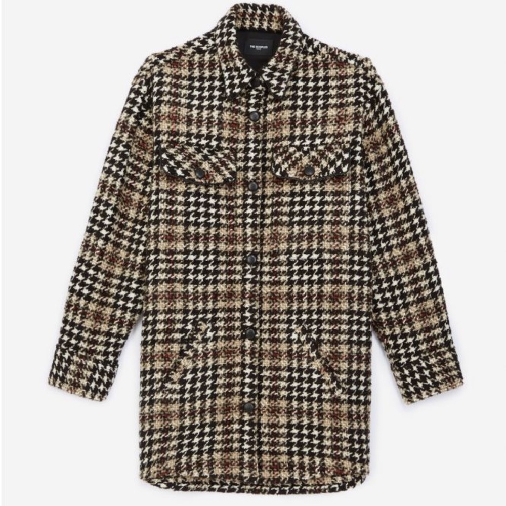 New The Kooples Oversized Tweed Houndstooth Shirt Jacket with Leather Size 10-12